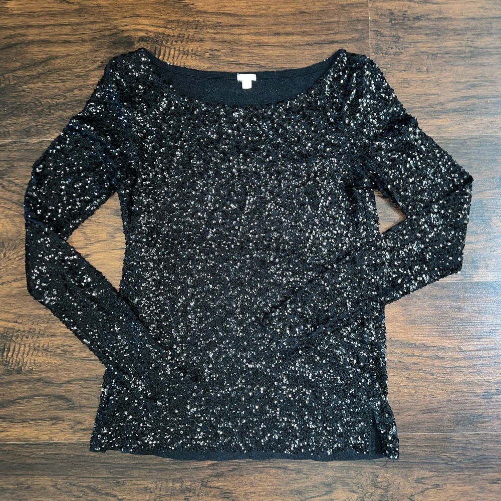 J. Crew Black Sequin Sparkly Long Sleeve Top Shirt Holidays New Years XXS